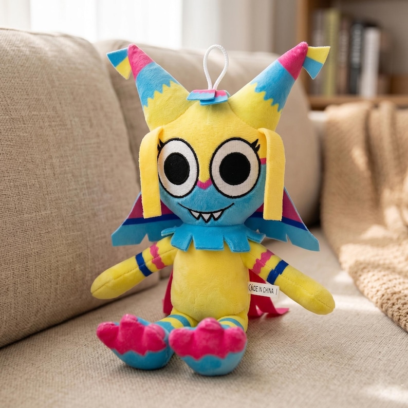 Pu&ograve; includere: Un peluche a forma di creatura con grandi occhi neri, corpo giallo e dettagli blu e rosa. Ha grandi orecchie, un colletto a balze e braccia e gambe a righe. Il giocattolo &egrave; seduto su un divano beige.