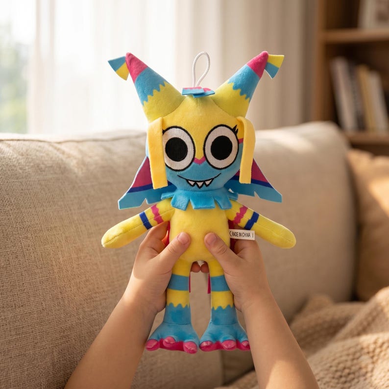 Pu&ograve; includere: Un peluche con corpo giallo, viso blu e grandi occhi neri. Il giocattolo ha accenti blu e rosa sulle orecchie e sulle braccia. Il giocattolo &egrave; tenuto da una persona. L'etichetta recita "MADE IN CHINA".