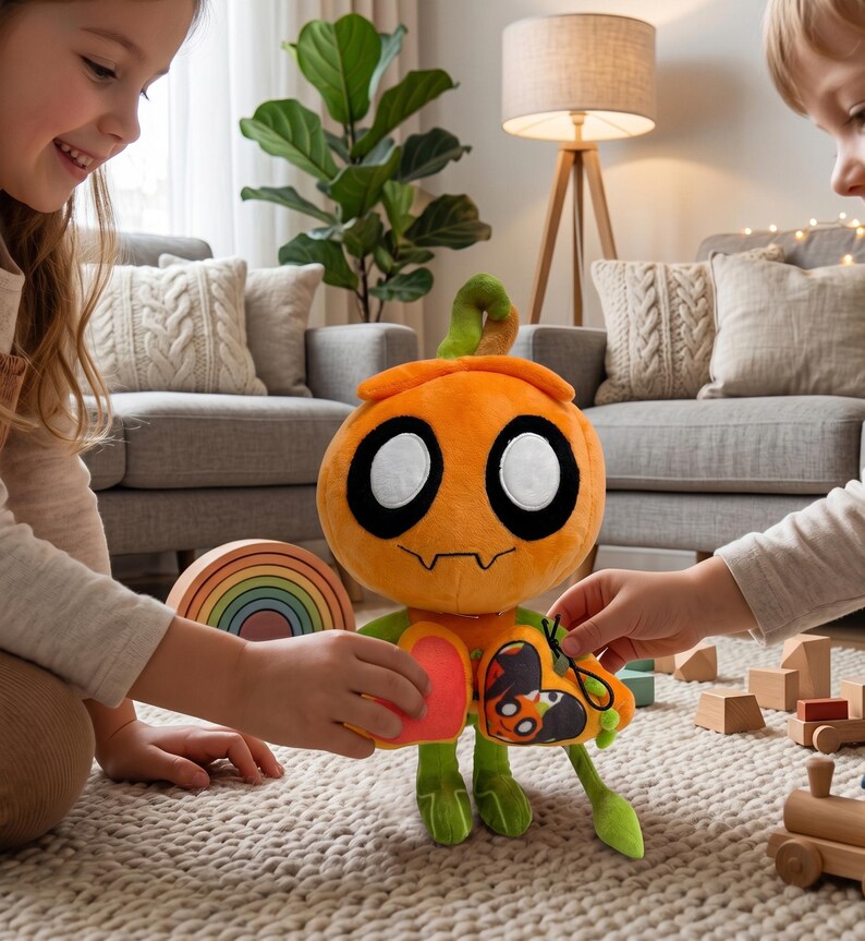 May include: An orange plush toy with large white eyes, a stitched mouth, and green limbs. The toy has a heart-shaped chest and a small pouch with a butterfly design. The toy is being held by two children.