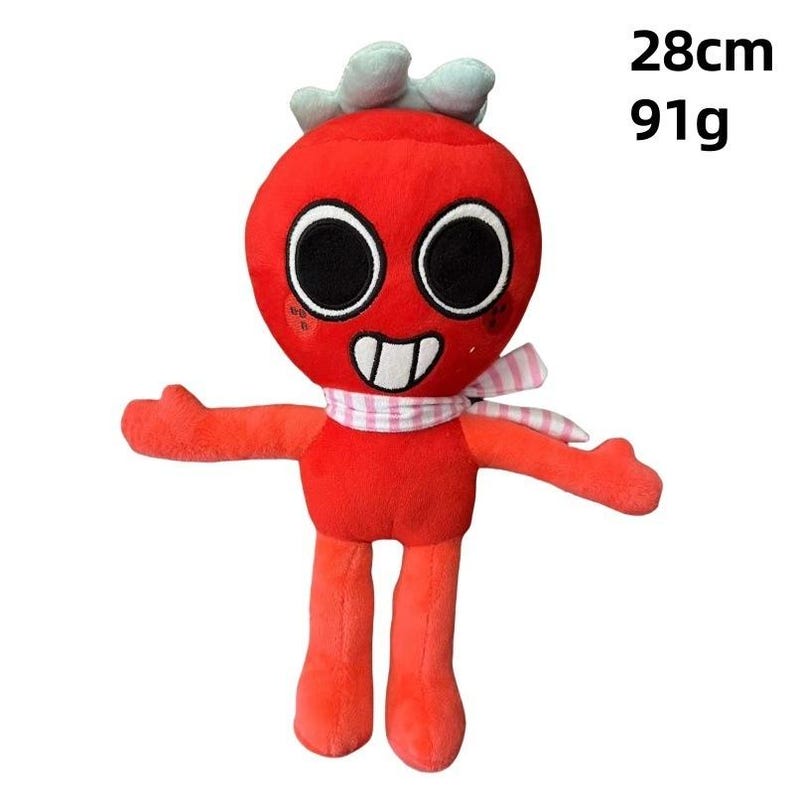 May include: A red plush toy character with large black eyes, a white-toothed smile, and a pink and white striped scarf. The toy has outstretched arms and legs. The text on the image reads "28cm 91g".