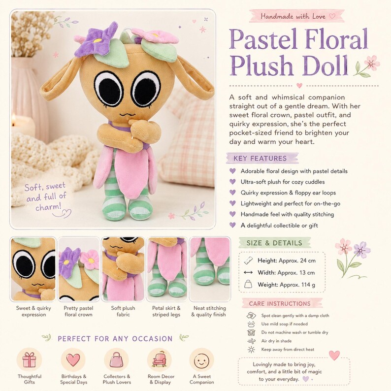 May include: A pastel floral plush doll with a sweet and quirky expression. The doll has a floral crown, petal skirt, and striped legs. It is approximately 9.4 inches tall and 5.1 inches wide.