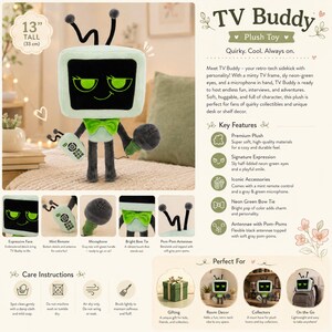 May include: A plush TV Buddy toy with a mint green frame, neon green eyes, and a microphone. The toy is 33 cm tall and has a green bow tie. The image text reads "TV Buddy Plush Toy".