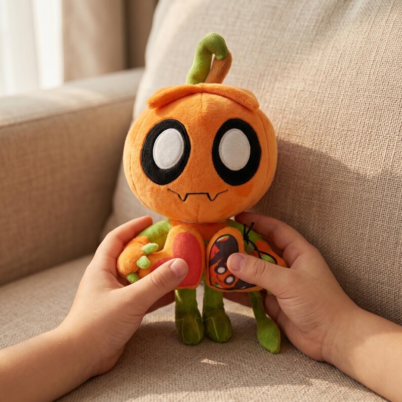 May include: An orange plush toy shaped like a pumpkin with large white eyes, black outlines, and a small, smiling mouth. The toy has green arms, legs, and a stem. A butterfly design is on the side. The toy is held by two hands.
