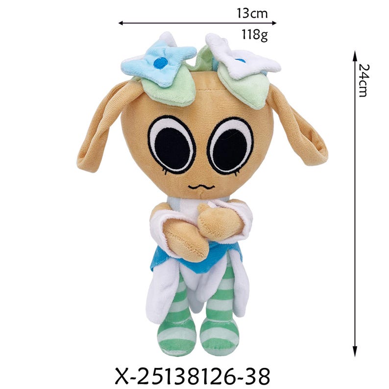 May include: A plush doll with a tan face, large black eyes, and a small, curved mouth. It has tan ears, and its head is adorned with blue and white flower-shaped accents. The doll is 9.4 inches tall and 5.1 inches wide, and weighs 4.2 ounces. The doll is wearing a blue and white outfit with green and white striped legs.