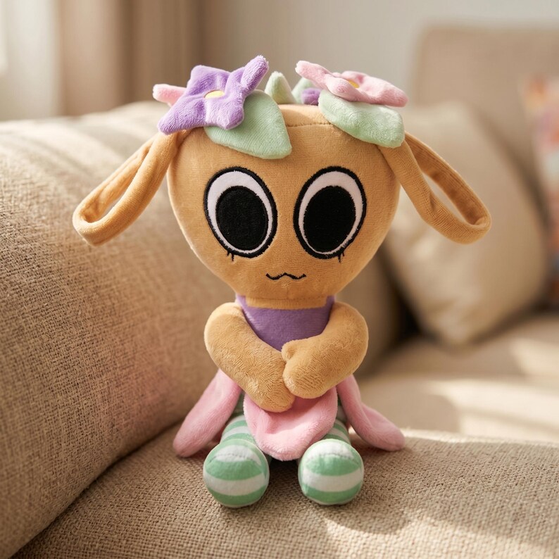 May include: A plush doll with a tan body, large black eyes, and a purple neck scarf. The doll has long, floppy ears and is adorned with fabric flowers in shades of purple, pink, and green. Its arms are crossed, and it has pink and green striped feet.