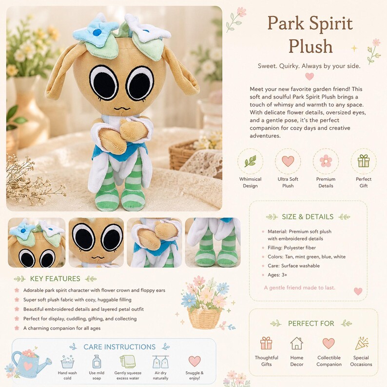 May include: A tan plush toy with large black eyes, floppy ears, and a flower crown. It has a white and blue petal outfit and green and white striped legs. The text "Park Spirit Plush" is at the top.