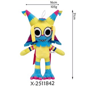 Pu&ograve; includere: Un peluche a forma di personaggio con corpo giallo, viso blu e grandi occhi neri. Il giocattolo ha dettagli blu e rosa sulla testa e sulle braccia ed &egrave; alto 31 cm. Pesa 105g e misura 16 cm di larghezza. Il giocattolo ha il testo "X-2511842".
