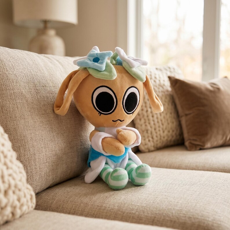 May include: A plush doll with large black eyes, tan skin, and long ears. It wears a blue and white outfit with green and white striped legs and a floral headpiece. The doll is sitting on a beige couch.