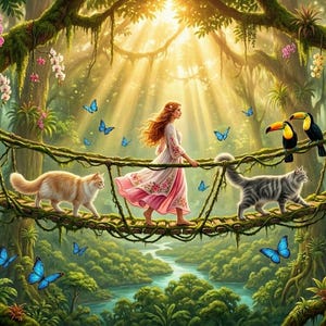 May include: A person with long hair wearing a white and pink dress walks across a rope bridge in a lush forest. A ginger cat and a grey tabby cat walk alongside them, while two toucans perch on the ropes. Blue butterflies fly nearby.