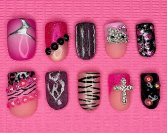 Sweet Sin • Y2K Pink & Black Press On Nails | Zebra Print | Rhinestone | Handmade Luxury | Hello Kitty | Reusable False Nails