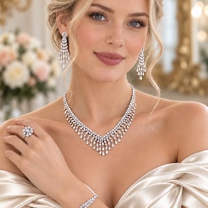 CZ Bridal Jewelry Set, Silver Wedding Necklace Earrings Bracelet Ring Set, Crystal Statement Jewelry, Gift for Her