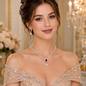 Ruby Red Bridal Jewelry Set, CZ Tennis Necklace & Pearl Drop Earrings, Silver Wedding Jewelry, Prom Necklace Set, Anniversary Gift for Her