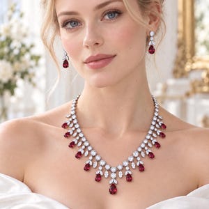 Conjunto de joyas nupciales rojo rubí, conjunto de collar y pendientes de plata con circonitas cúbicas, joyas de boda para la novia, joyas de graduación, regalo especial para ella.