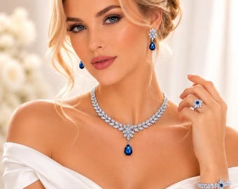 Brautschmuck-Set mit blauem Kristall, bestehend aus Halskette, Ohrringen, Armband und Ring in Silber, Hochzeitsschmuck, Saphir-Geschenk für Brautjungfern