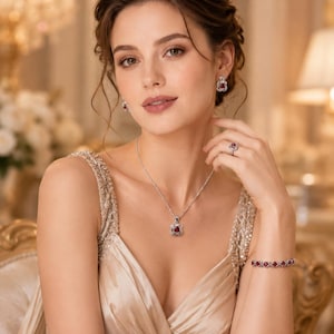 Parure de bijoux en cristal rouge rubis | Collier en argent, boucles d'oreilles, bracelet, bague | Bijoux élégants pour femmes | Soirée | Cadeau d'anniversaire