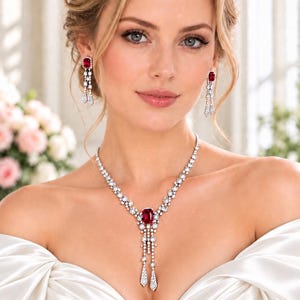 May include: A jewellery set consisting of a necklace and matching drop earrings. The necklace features a central rectangular red gemstone surrounded by clear stones, with a cascading fringe design. The earrings mirror this red and clear stone motif.
