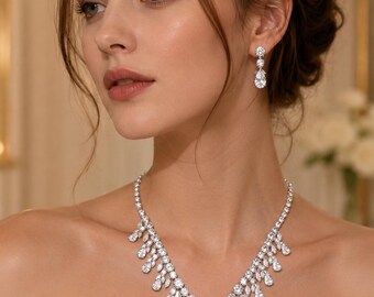 Crystal Bridal Jewelry Set, Silver CZ Necklace Earrings Set, Wedding Jewelry for Bride, Prom Jewelry, Statement Necklace Gift for Her