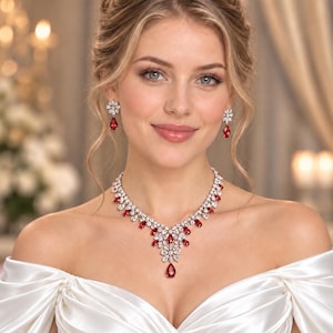 Ruby Red Bridal Jewelry Set, CZ Crystal Statement Necklace Earrings Set, Silver Wedding Jewelry for Bride, Prom Jewelry Gift for Her