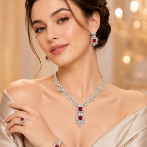 May include: A jewelry set consisting of a necklace, drop earrings, a bracelet, and a ring. Each piece features a central square-cut red gemstone surrounded by a cluster of small, clear, round-cut stones set in a silver-toned metal frame.