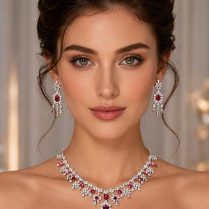 May include: A jewellery set consisting of a necklace and matching drop earrings. The pieces feature silver-toned metal settings, clear white crystals arranged in floral patterns, and rectangular-cut vibrant red stones as central accents.