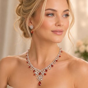 Ruby Red Bridal Jewelry Set, CZ Crystal Statement Necklace Earrings Set, Silver Wedding Jewelry for Bride, Prom Jewelry Gift for Her
