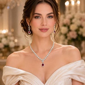 May include: A jewellery set consisting of a necklace and matching drop earrings. Each piece features a teardrop-shaped red gemstone surrounded by a halo of small white stones, set in a silver-toned metal. The necklace has a chain of round stones.