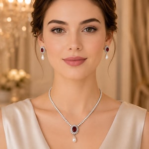 Set di gioielli da sposa rosso rubino, collana tennis con zirconi e orecchini pendenti con perle, gioielli da matrimonio in argento, set di collana per il ballo di fine anno, regalo di anniversario per lei