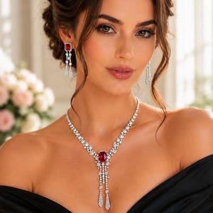 Ruby Red Necklace and Earrings Set, Gift for Wife, Girlfriend or Mother, Anniversary Jewelry Gift, Elegant Evening Party Jewelry