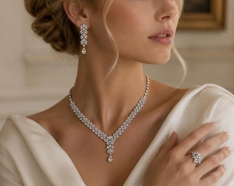 Conjunto de joyería nupcial de lujo con circonitas blancas para mujer, conjunto de collar, pendientes, pulsera y anillo de plata para boda, elegante regalo de joyería nupcial, regalo para ella.