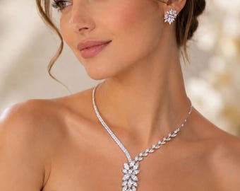Silver CZ Leaf Bridal Jewelry Set, Marquise Crystal Necklace Earrings Set, Wedding Jewelry, Prom Necklace, Gift for Her