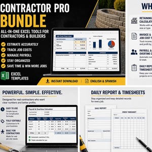 May include: A promotional image for a Contractor Pro Bundle, featuring Excel tools for contractors and builders. The image showcases laptops displaying financial spreadsheets, a yellow hard hat, and a measuring tape. The bundle includes tools for estimating, tracking costs, and managing payroll.