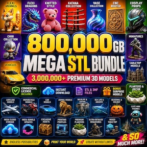 Pakiet Mega STL 800 TB | Ponad 3 000 000 plików do druku 3D | Zwierzęta, smoki, cosplay, pojazdy
