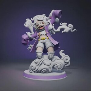 May include: A stylized figurine of a character with white hair, wearing a purple coat, white shorts, and patterned boots. The figure is posed dynamically above a swirling cloud base, with additional cloud-like elements surrounding the arms.