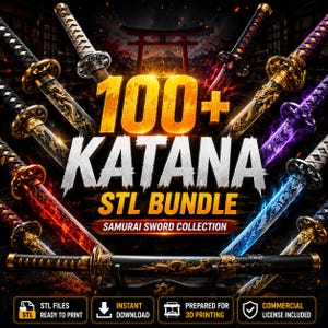Könnte beinhalten: Werbebild für ein Katana-Schwert-STL-Bundle. Das Bild zeigt mehrere Katana-Schwerter mit verschiedenen Klingenfarben. Der Text lautet "100+ KATANA STL BUNDLE" und "SAMURAI SWORD COLLECTION".