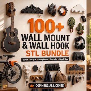 May include: A collection of wall mounts and hooks including a guitar hanger, bicycle mount, headphone stand, controller holder, and various key racks. The text reads 100+ WALL MOUNT & WALL HOOK STL BUNDLE, Guitar, Bicycle, Headphones, Controller, Keys & More.