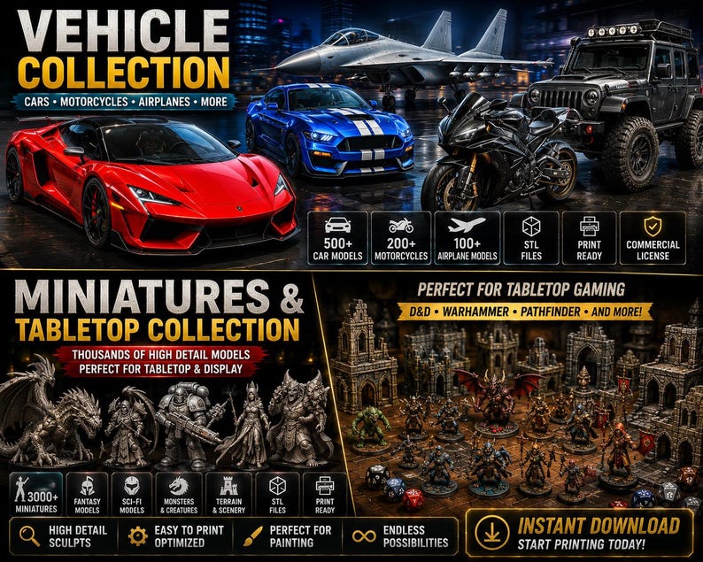 May include: A digital advertisement for a 3D printable model collection featuring a red sports car, blue muscle car, black motorcycle, and off-road vehicle. Below, a fantasy tabletop gaming scene displays various miniature figures and terrain.