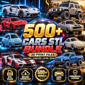 Op de afbeelding: Een digitale collectie van 500+ auto STL-bundel 3D-printbestanden met diverse voertuigtypes zoals sportwagens, klassieke auto's, off-road voertuigen en kleine auto's. De afbeelding bevat tekstlabels voor STL-bestanden en een commerciële licentie.