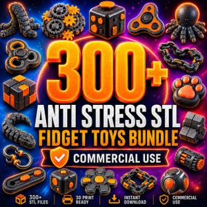 Può includere: Una collezione digitale di oltre 300 giocattoli antistress STL con vari design meccanici neri e arancioni, inclusi ingranaggi, cubi, spinner, un polpo e catene, con il testo 300+ ANTI STRESS STL FIDGET TOYS BUNDLE.