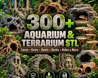 May include: A digital collection of 300+ aquarium and terrarium STL files featuring 3D models of stone ruins, caves, tree roots, rocks, and animal hides. The graphic includes text overlays and images of various habitat structures in a natural setting.
