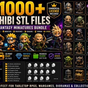 May include: A digital bundle of 1000+ chibi STL files for 3D printing, featuring fantasy miniatures like heroes, monsters, creatures, and dragons. The image displays various character models, folder icons, and text labels including 1000+ CHIBI STL FILES.