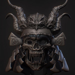 May include: A dark gray, matte-finished helmet featuring a skeletal skull faceplate with sharp, prominent teeth and eye sockets. The helmet is adorned with two large, curved, textured horns on top and side panels with circular embossed symbols.