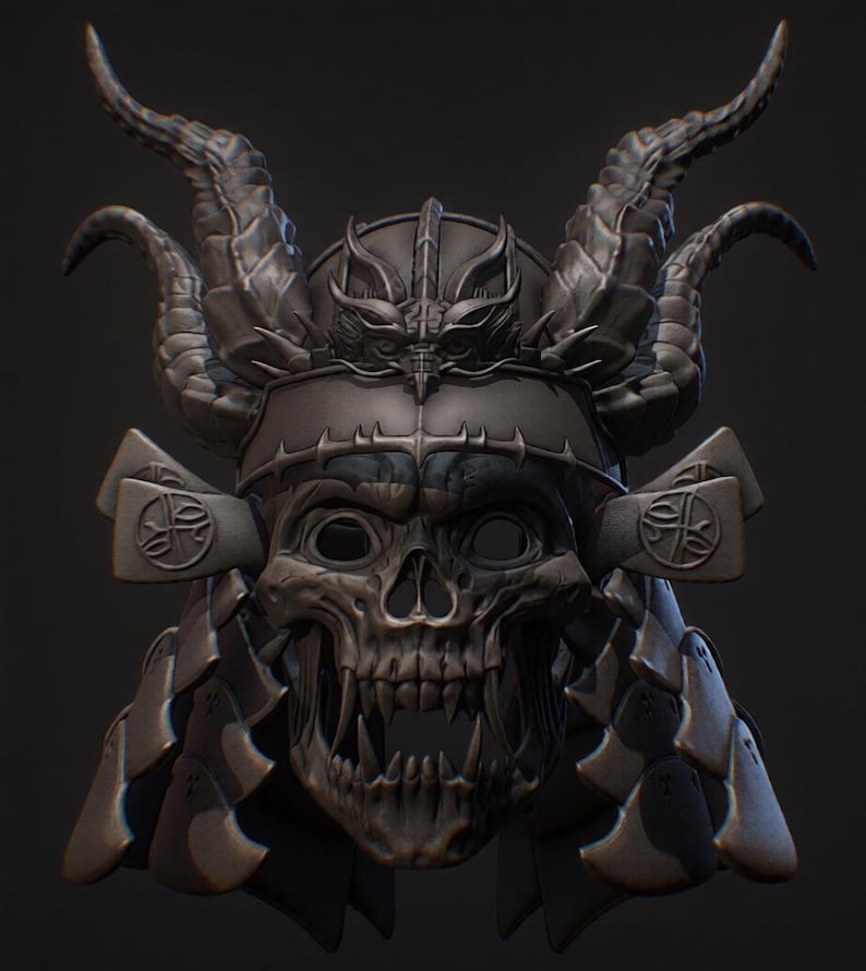 May include: A dark gray, matte-finished helmet featuring a skeletal skull faceplate with sharp, prominent teeth and eye sockets. The helmet is adorned with two large, curved, textured horns on top and side panels with circular embossed symbols.