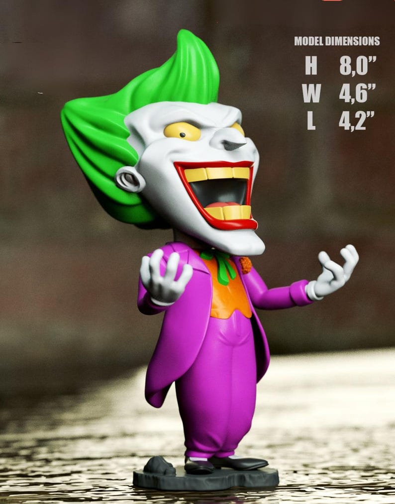 May include: A stylized Joker figurine with bright green hair, a white face, and a wide red-lipped grin. The character wears a purple suit jacket over an orange vest and green tie. Text indicates model dimensions of H 8.0 inches, W 4.6 inches, L 4.2 inches.