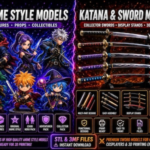 May include: A digital advertisement for 3D printable models featuring anime-style figures and katana sword designs. The left side displays six illustrated characters, while the right side shows five katana swords on a display stand with technical details.