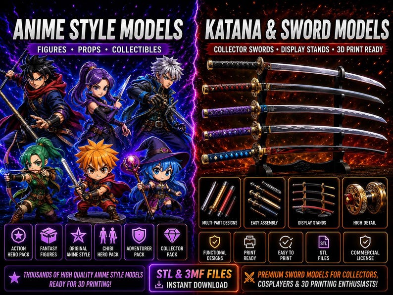May include: A digital advertisement for 3D printable models featuring anime-style figures and katana sword designs. The left side displays six illustrated characters, while the right side shows five katana swords on a display stand with technical details.