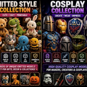 May include: A digital advertisement featuring two collections: the Knitted Style Collection displaying various crocheted animal figures like a bear, dinosaur, and rabbit, and the Cosplay Collection showcasing helmets, armor, shields, and weapons.