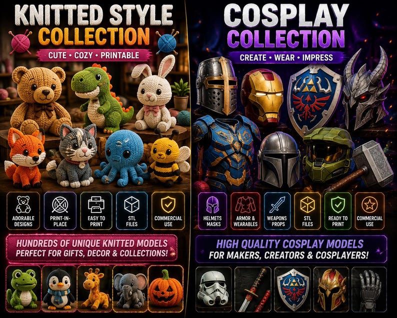 May include: A digital advertisement featuring two collections: the Knitted Style Collection displaying various crocheted animal figures like a bear, dinosaur, and rabbit, and the Cosplay Collection showcasing helmets, armor, shields, and weapons.