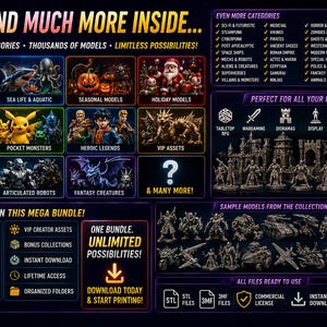 May include: A digital information graphic showcasing a mega bundle of 3D printable models. It features categorized previews of wildlife, sea life, holiday, combat, and fantasy figures, alongside lists of file formats, project types, and download details.