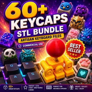 May include: A digital bundle of 60+ artisan keycap STL files for mechanical keyboards. The image displays various colorful 3D-printed keycap designs, including a panda, a joystick, a skull, and a heart, set against a vibrant purple space background.