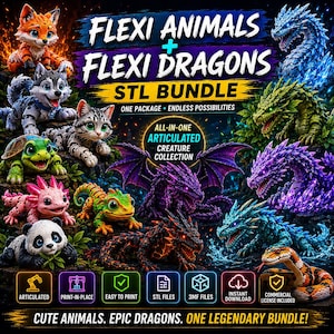 May include: A digital bundle of 3D printable articulated flexi animals and dragons. The image displays various creatures including a fox, wolf, cat, turtle, axolotl, lizard, panda, and multiple dragons in different colors. Text includes FLEXI ANIMALS + FLEXI DRAGONS STL BUNDLE, ONE PACKAGE &bull; ENDLESS POSSIBILITIES, ALL-IN-ONE ARTICULATED CREATURE COLLECTION, and CUTE ANIMALS. EPIC DRAGONS. ONE LEGENDARY BUNDLE!